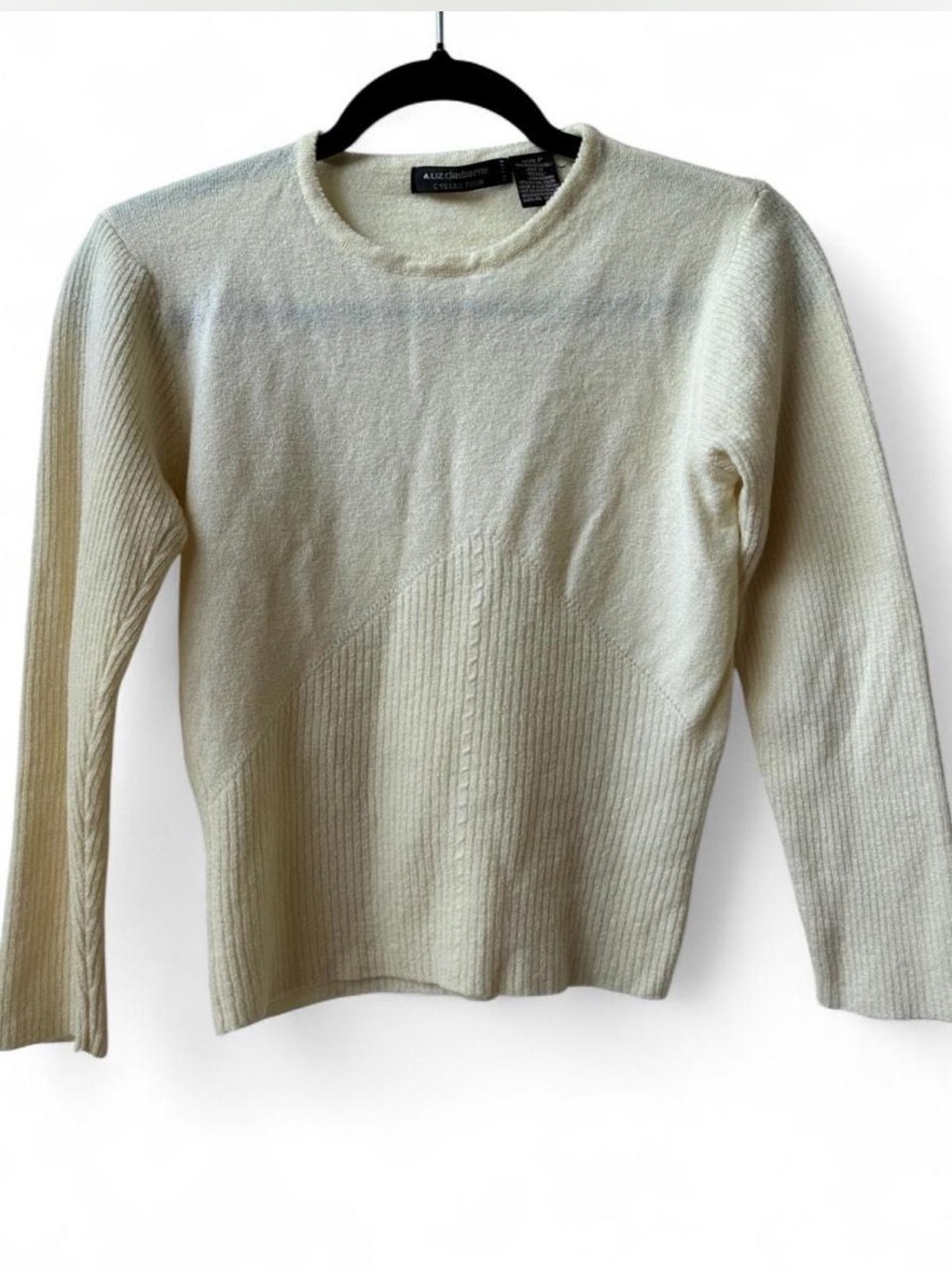 Merino wool blend Liz Claiborne Ivory Crewneck Textured Knit ribbed Sweater Sp